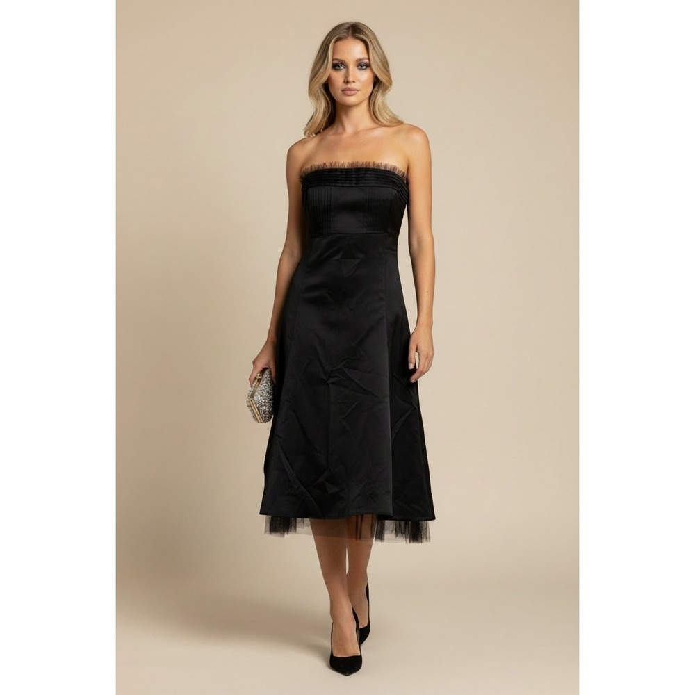 Smart Set Black Strapless Pleated Tulle Trim‎ Midi Dress Size 9 Cocktail Formal